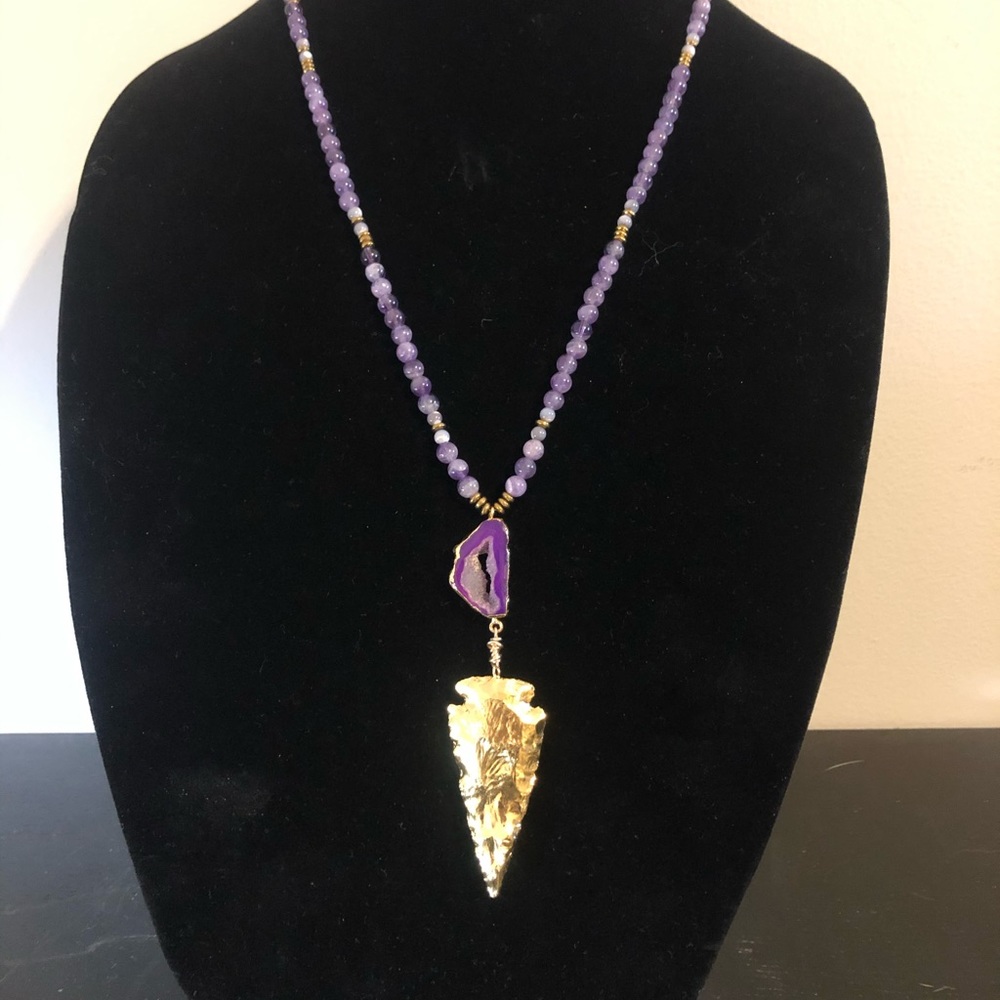 Gold leaf arrowhead pendant with purple agate slice and Amethyst beads